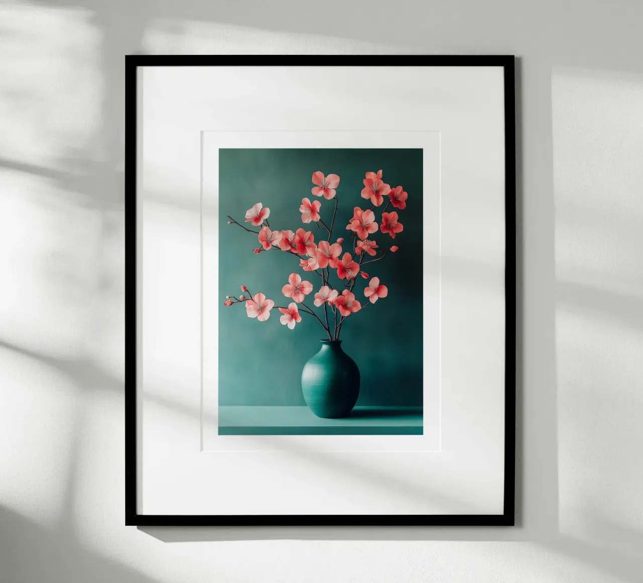 Vaso in ceramica con fiori di ciliegio poster con telaio in alluminio da Flora & Horizon