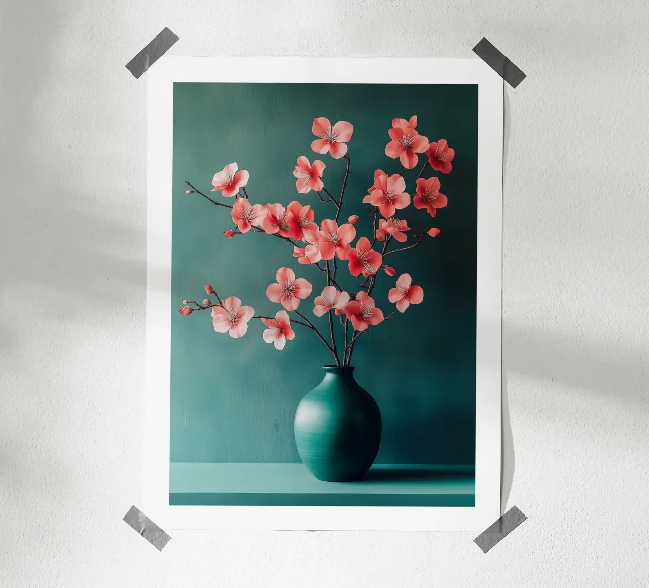 Vaso in ceramica con fiori di ciliegio poster con telaio in alluminio da Flora & Horizon