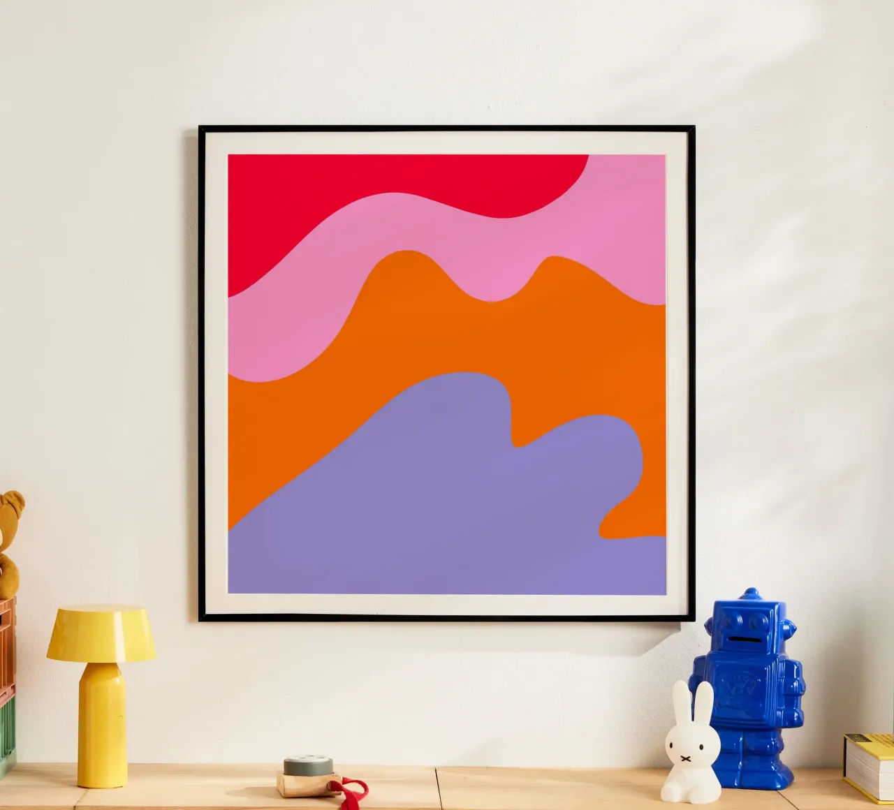 Forme astratte moderne - rosa, viola, rosso, arancione poster con telaio in plastica da Wackapacka