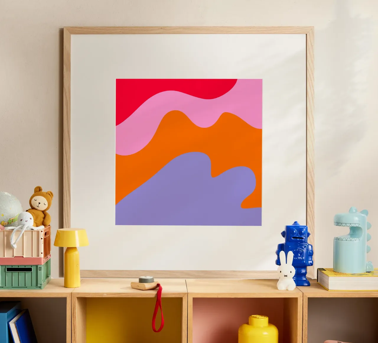 Forme astratte moderne - rosa, viola, rosso, arancione poster con telaio in plastica da Wackapacka