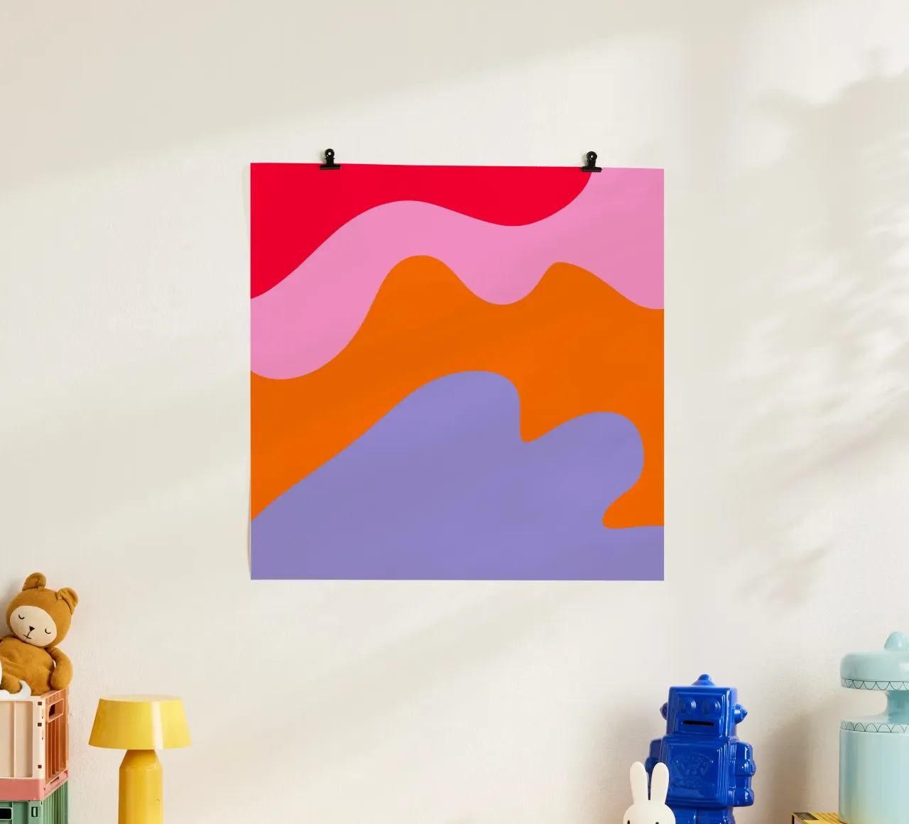 Forme astratte moderne - rosa, viola, rosso, arancione poster con telaio in plastica da Wackapacka