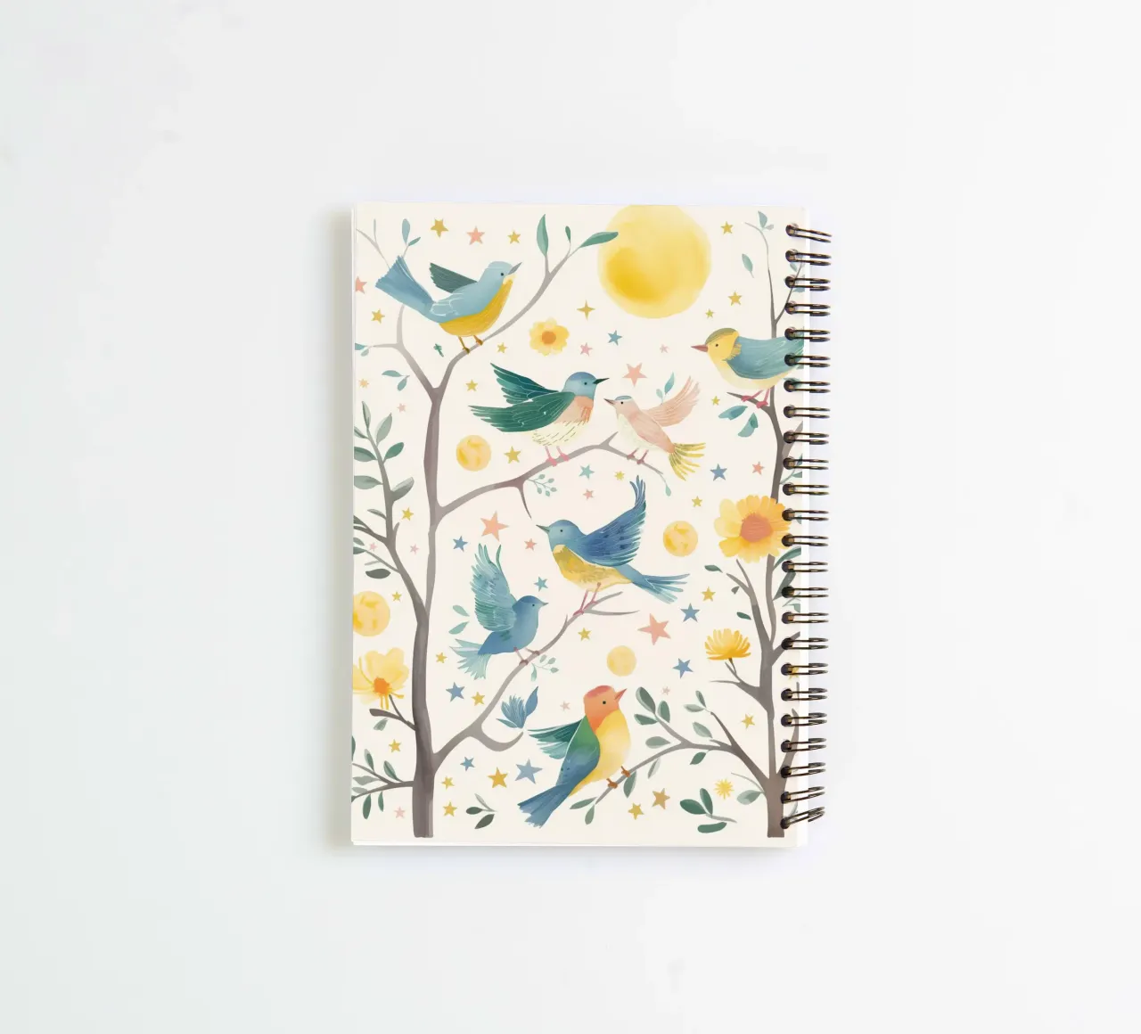 Cute Birds Moon Stars Botanical Feathers Animal Children Art spiral notebook by Gentle Echoes Art