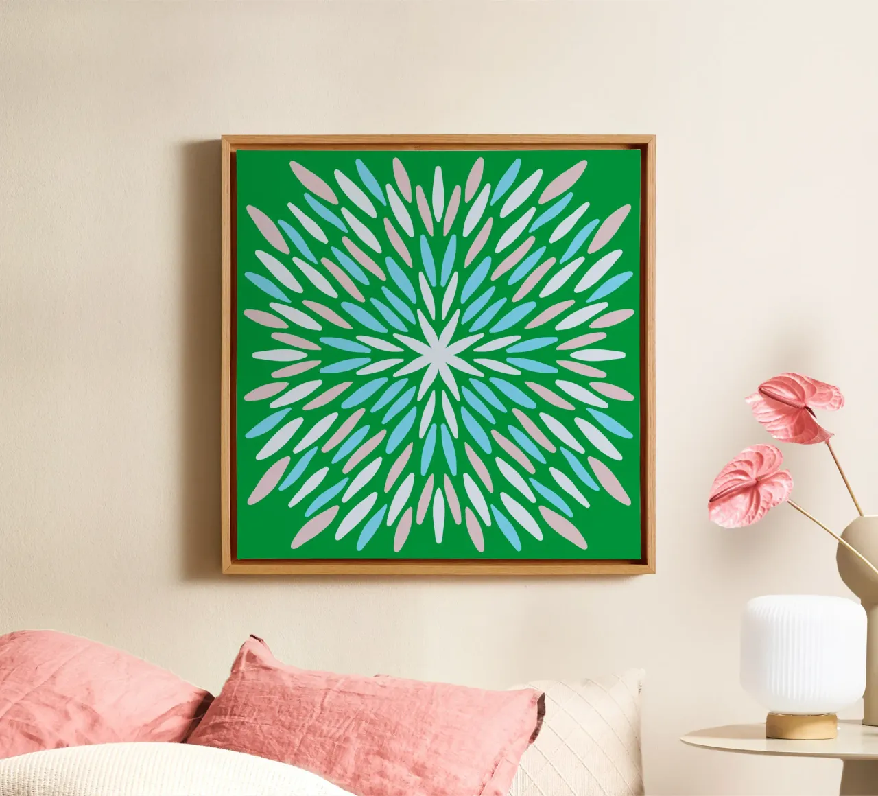 Petal burst - verde, blu e beige tela con Cornice a cassetta da Wackapacka