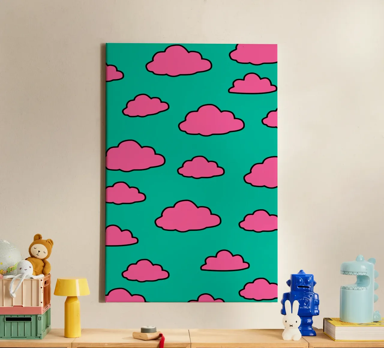 Pastel dreams: pink clouds on turquoise canvas with Floater frame by Studio Mooodz