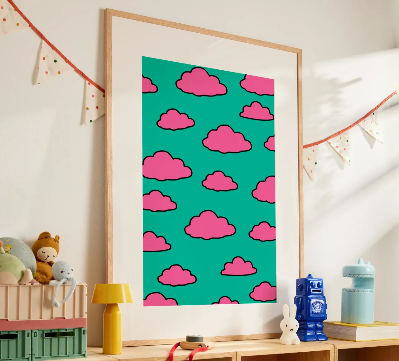 Pastel dreams: pink clouds on turquoise poster with plastic frame by Studio Mooodz