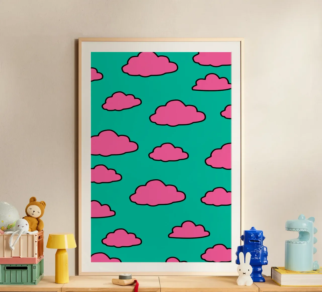 Pastel dreams: pink clouds on turquoise poster with plastic frame by Studio Mooodz
