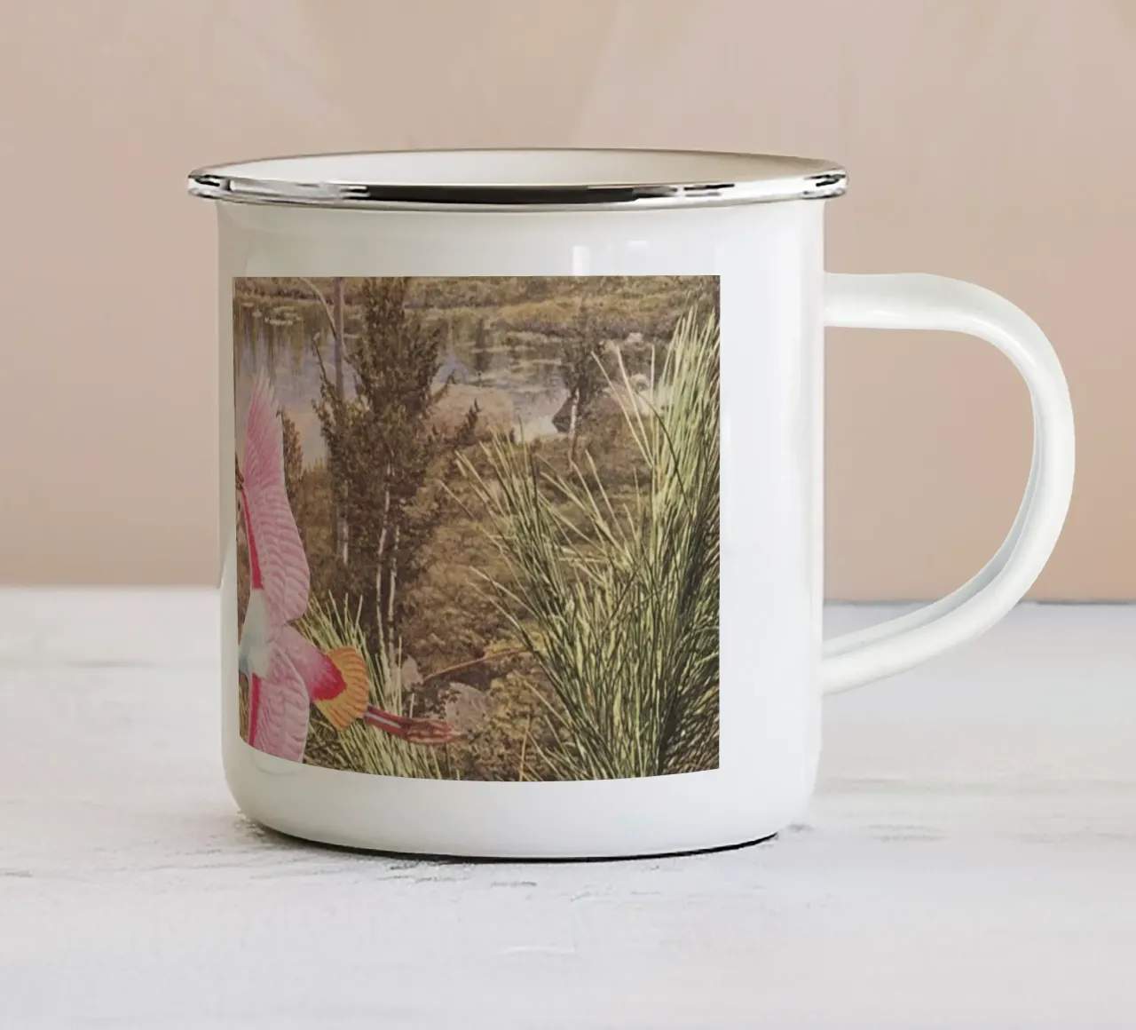 Il volo delle spatole tazza in smalto da Cassia Beck Collage
