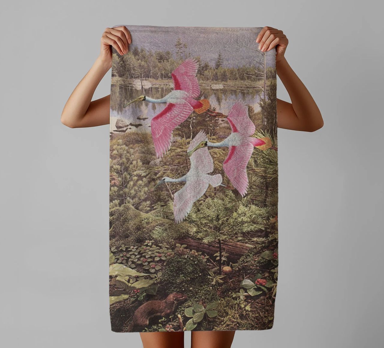 Flight of the Spoonbills towel by Cassia Beck Collage