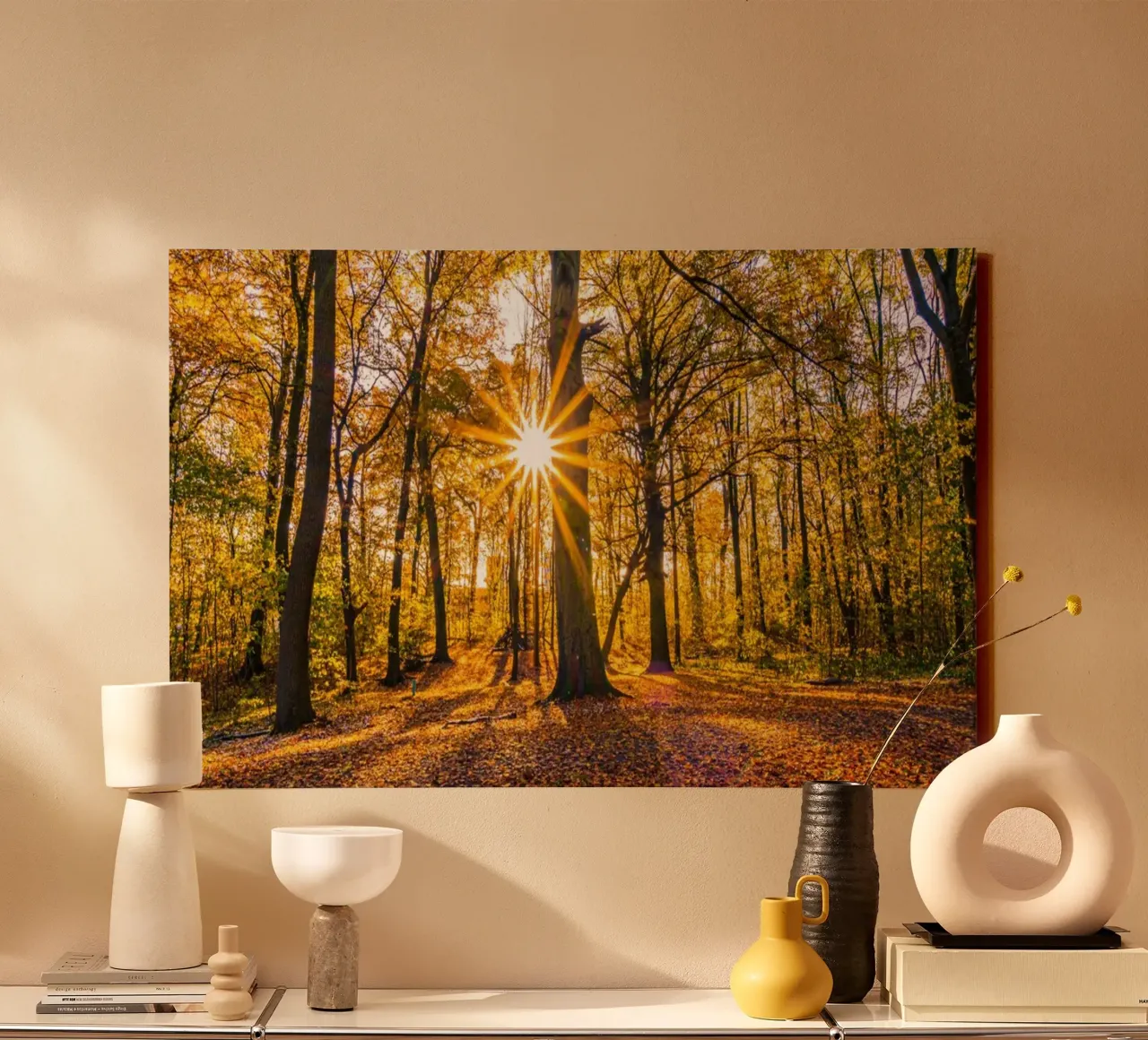 Sun star in the forest in autumn canvas by Marcus Beckert | Fotografie