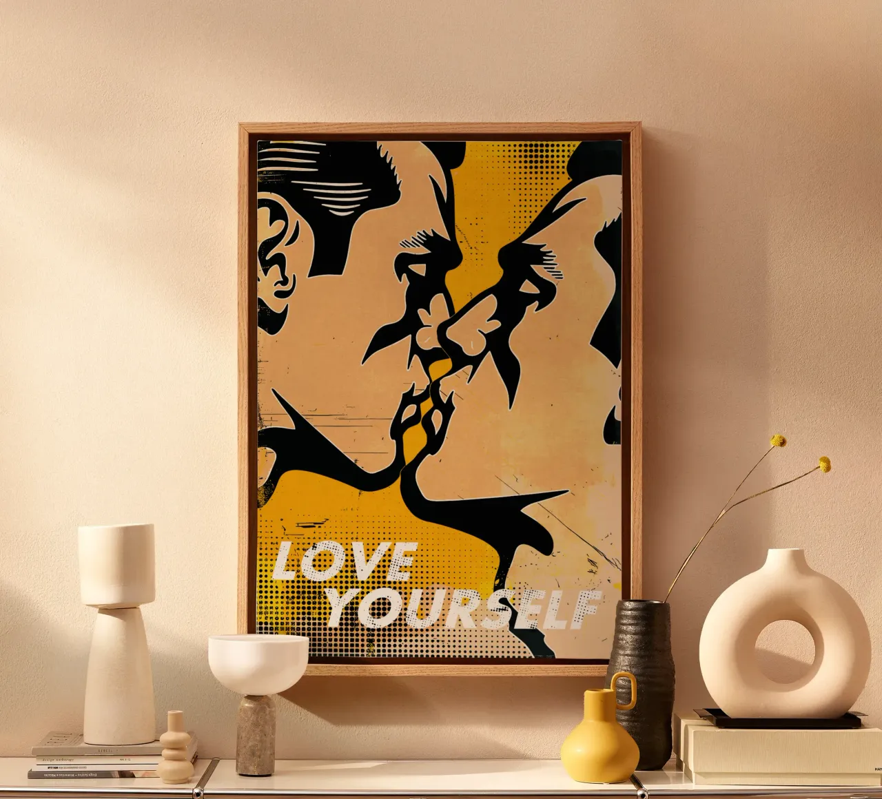Love Yourself: omaggio pop art all'amore per se stessi tela con Cornice a cassetta da Studio Mooodz
