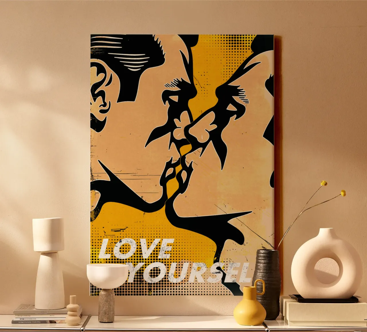Love Yourself: omaggio pop art all'amore per se stessi tela con Cornice a cassetta da Studio Mooodz