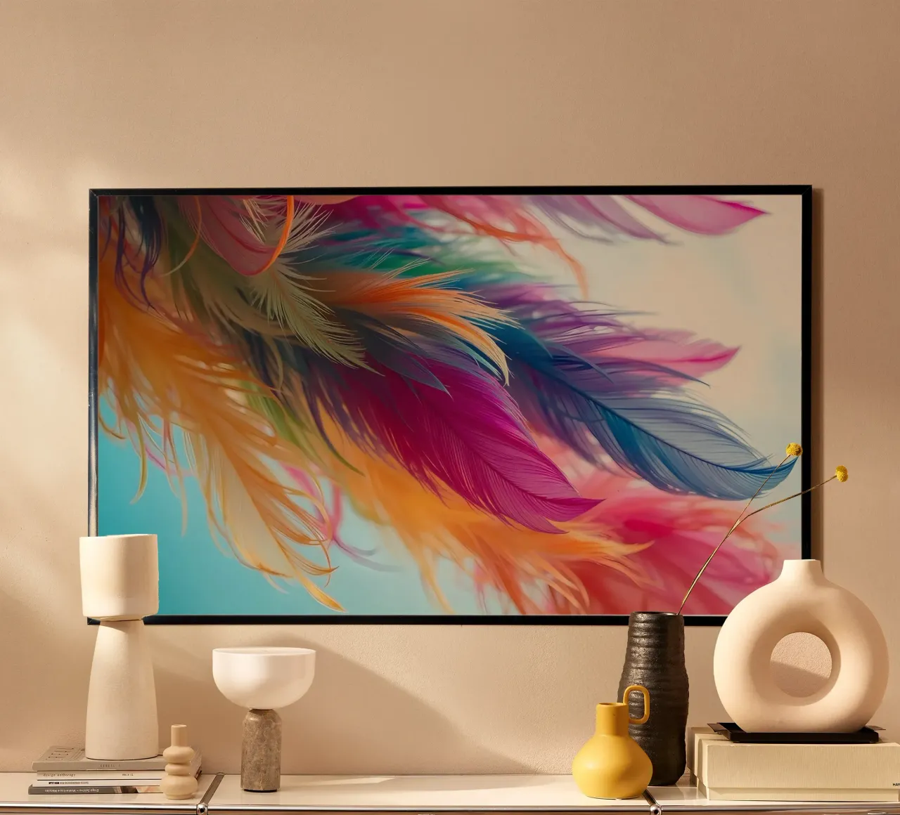 Vibrant feathers display a rainbow of colors carta hahnemühle da DesignDoodle