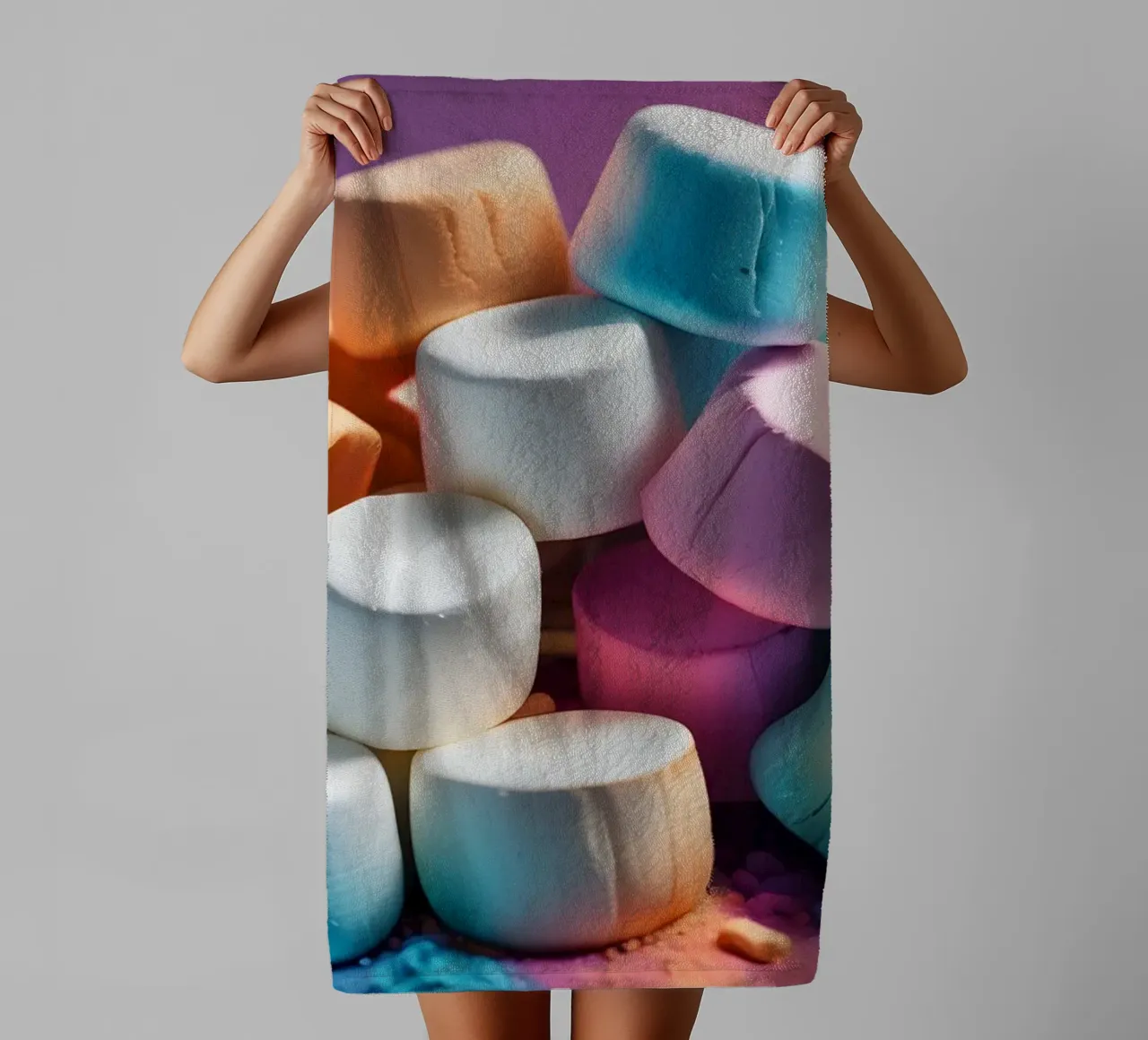 Marshmallow colorati impilati in modo giocoso asciugamano da bagno da DesignDoodle
