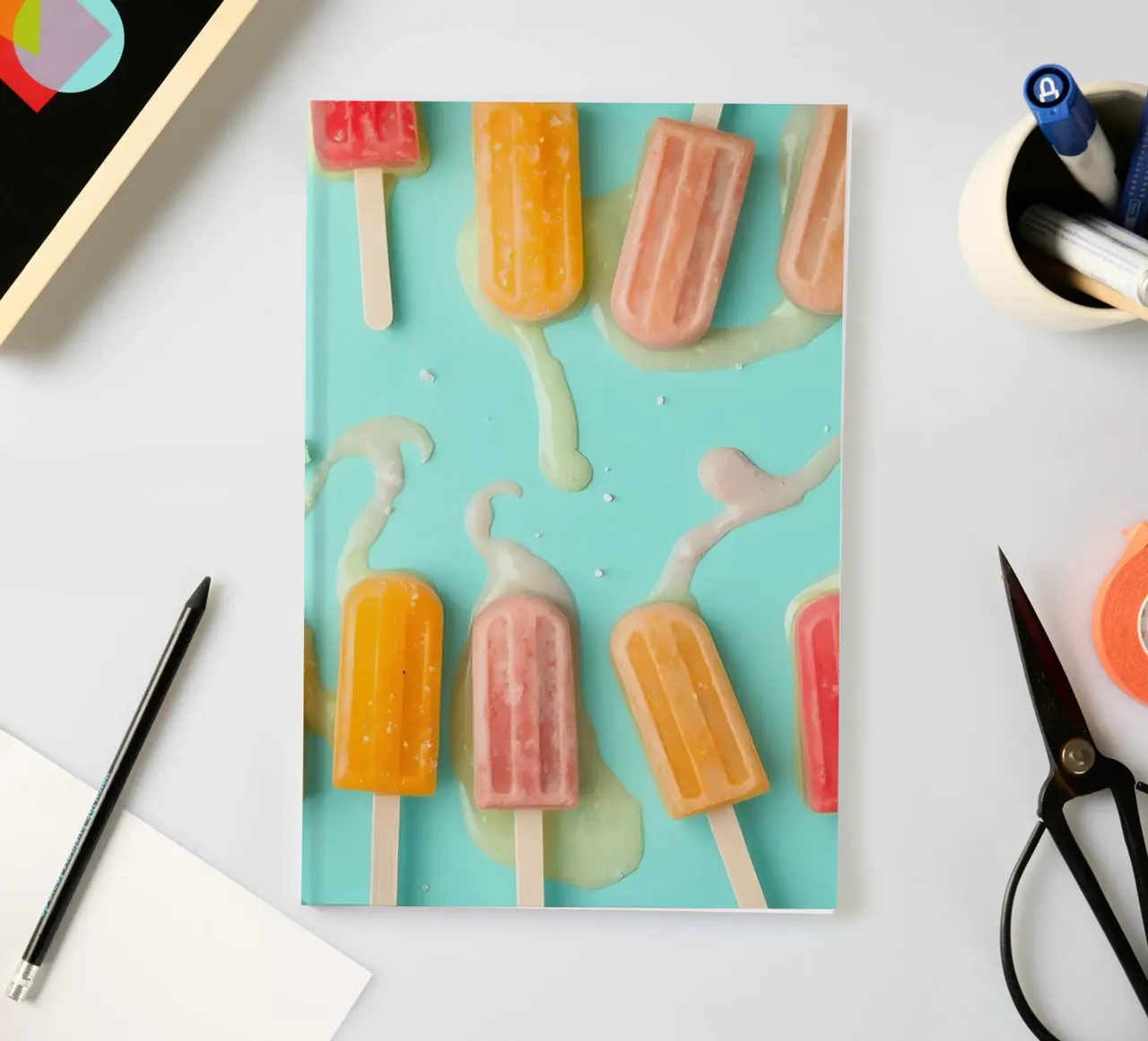 Colorful frozen pops displayed on a blue surface notebook by DesignDoodle
