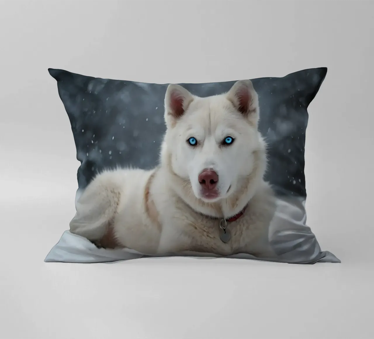 Chien husky aux yeux bleus étonnants se reposant dans la neige blanche et douce coussin de DesignDoodle