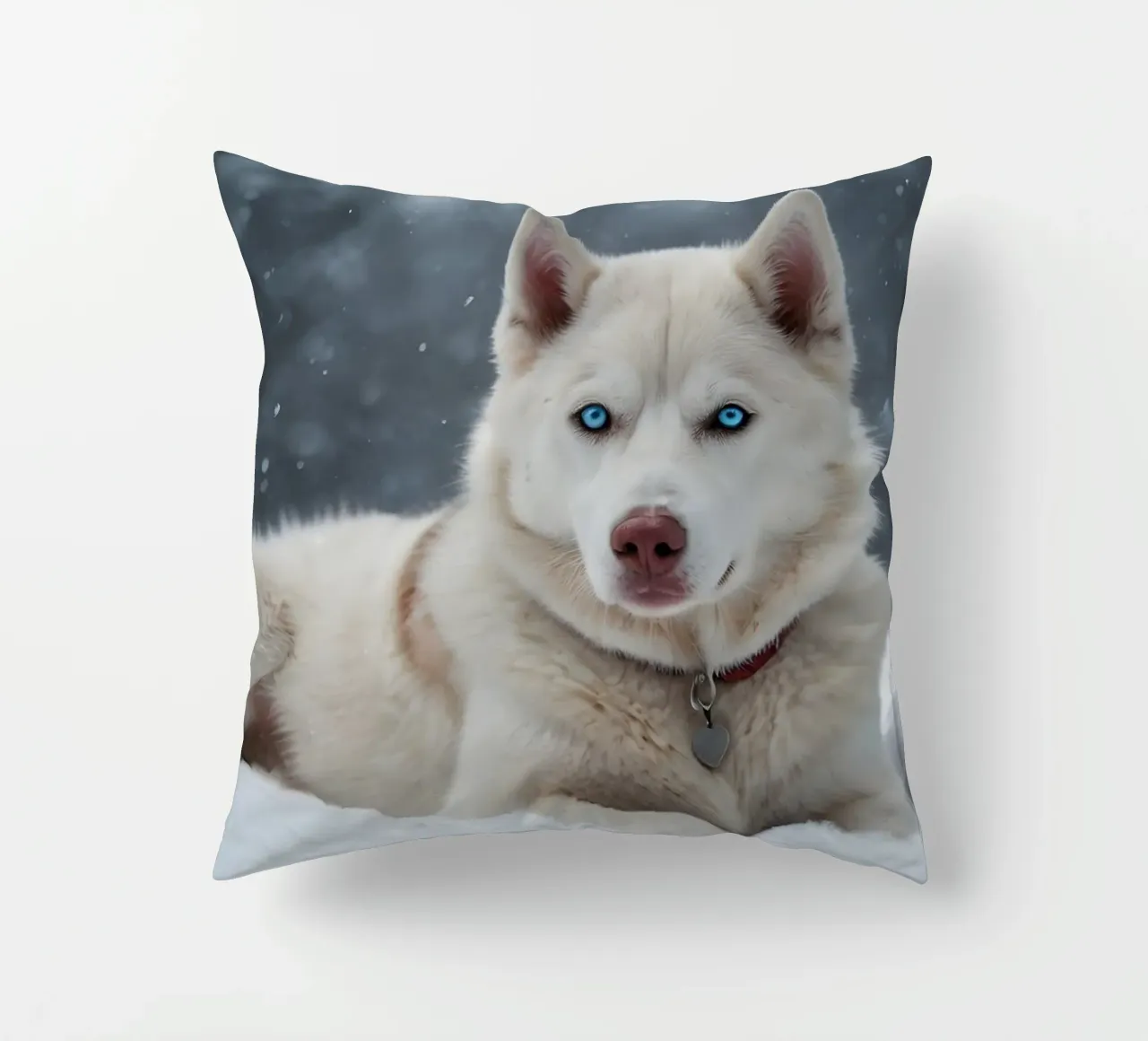 Chien husky aux yeux bleus étonnants se reposant dans la neige blanche et douce coussin de DesignDoodle
