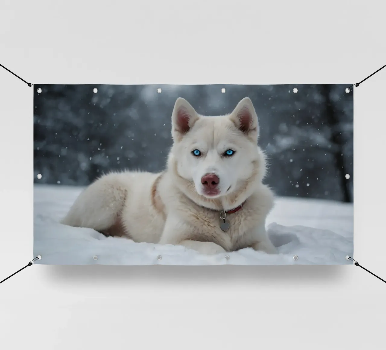 Chien husky aux yeux bleus étonnants se reposant dans la neige blanche et douce bâche pvc de DesignDoodle