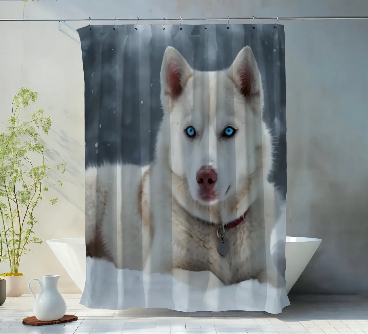 Husky hond met opvallende blauwe ogen rustend in zachte witte sneeuw douchegordijn van DesignDoodle