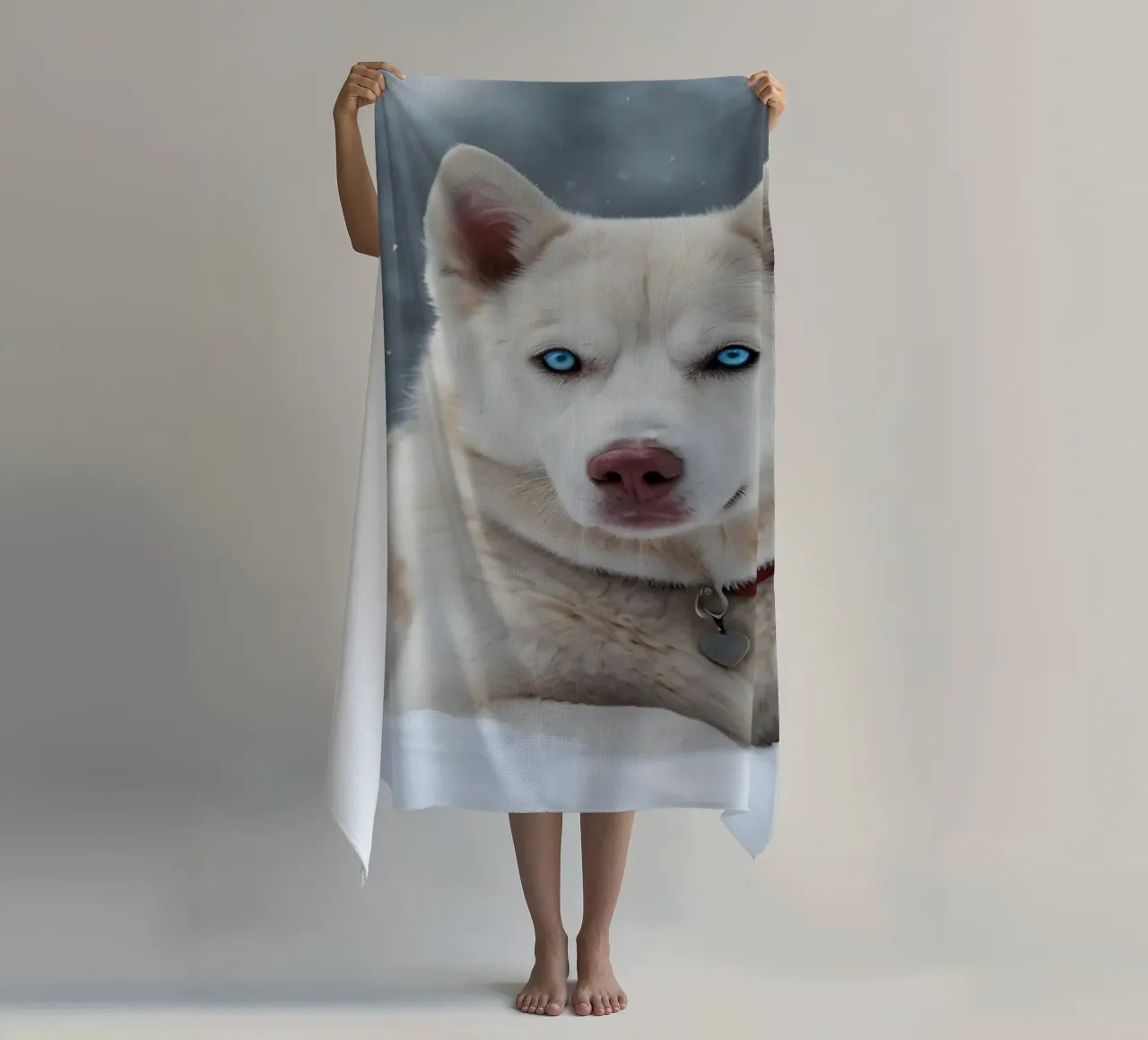 Chien husky aux yeux bleus étonnants se reposant dans la neige blanche et douce serviette de plage de DesignDoodle