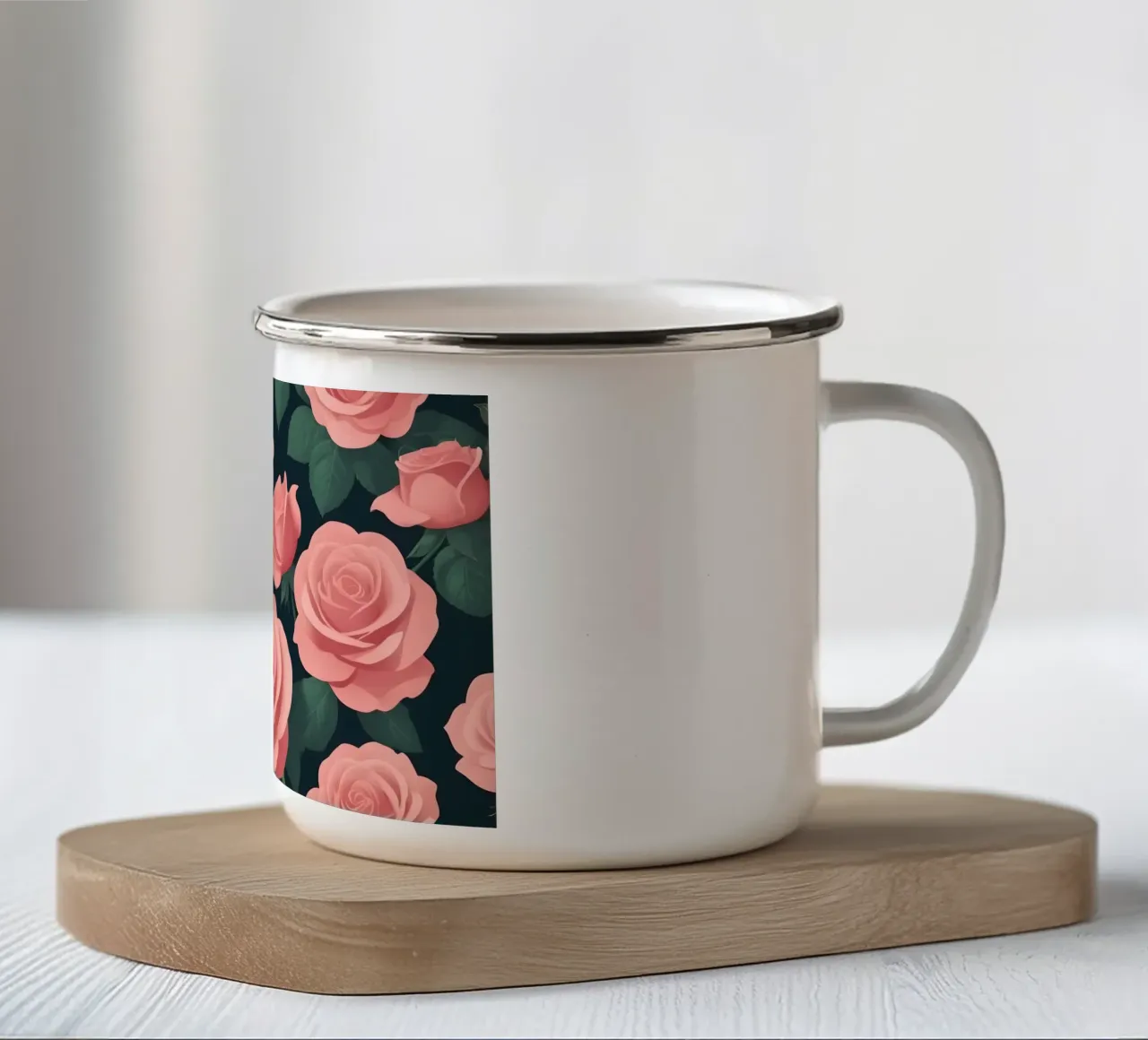 Elegant pink roses on a dark background create a stunning ab enamel mug by DesignDoodle