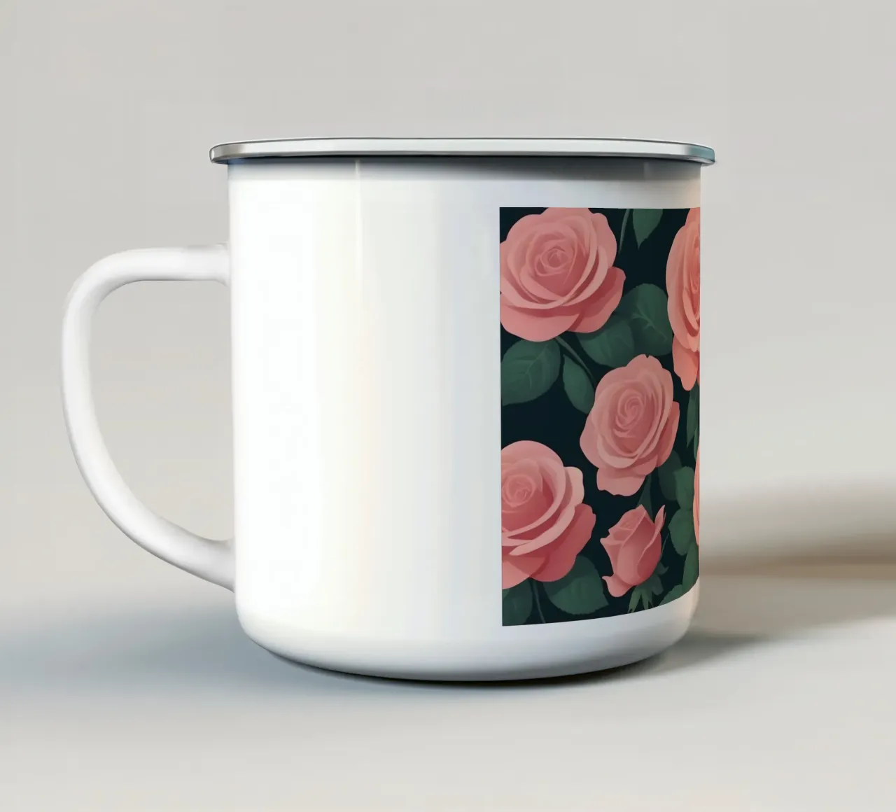 Elegant pink roses on a dark background create a stunning ab enamel mug by DesignDoodle