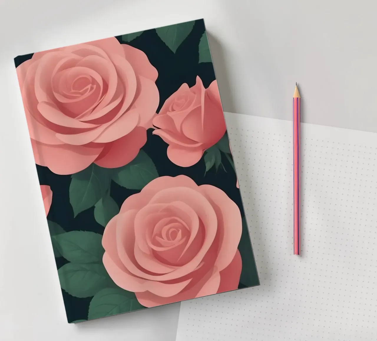 Elegant pink roses on a dark background create a stunning ab notebook by DesignDoodle