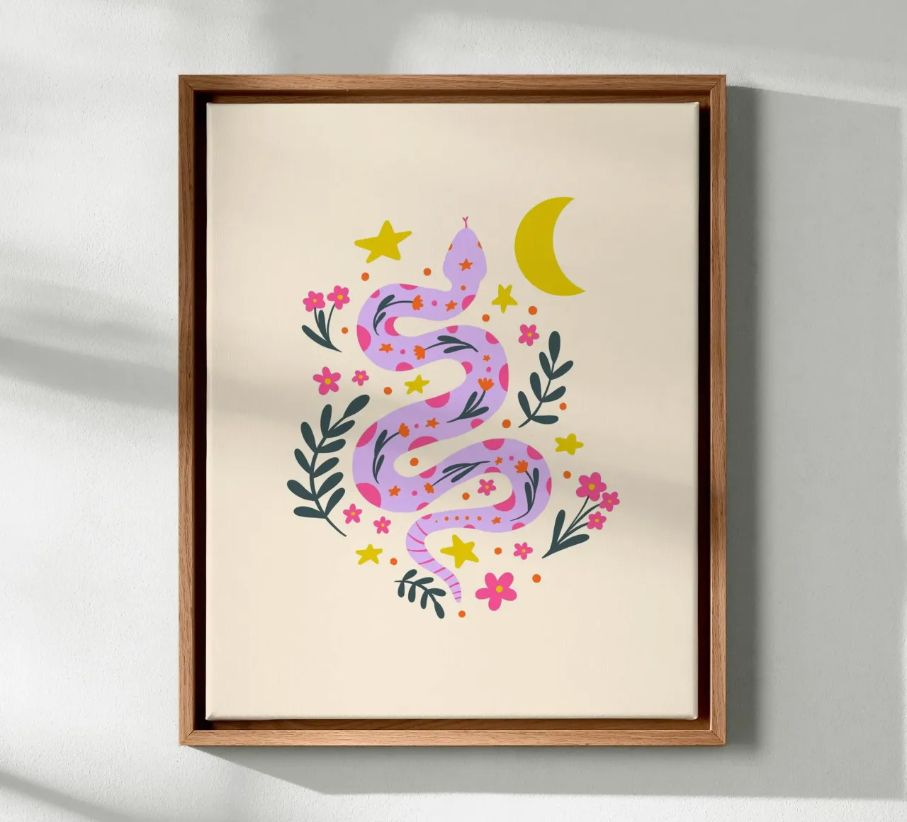 Lunar snake - lavender and cream canvas with Floater frame by Wackapacka