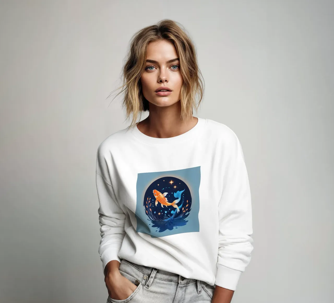Levendige koivissen zwemmen in een serene donkerblauwe achtergrond sweatshirt van DesignDoodle