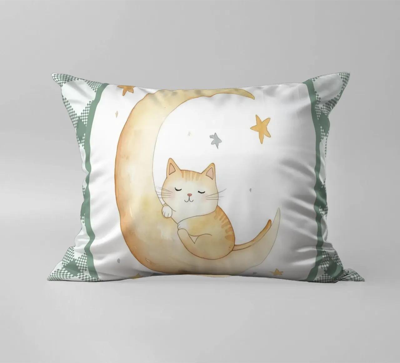 Chat dormant sur la lune jaune coussin de Jungle Joy Art