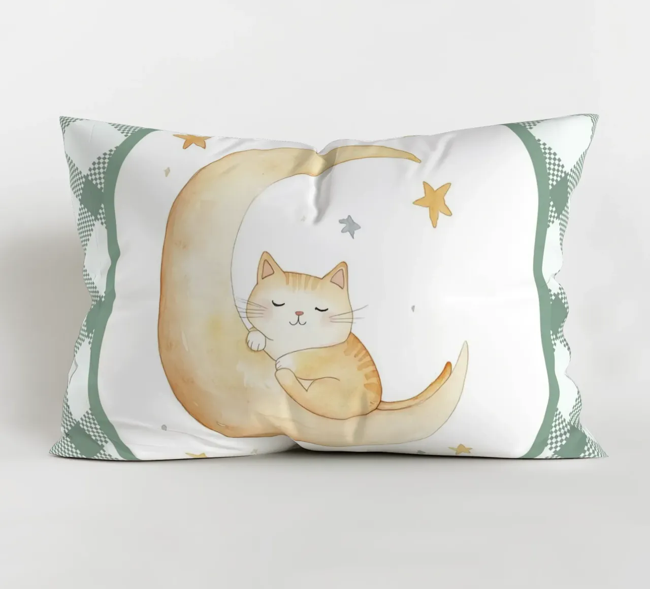 Chat dormant sur la lune jaune coussin de Jungle Joy Art
