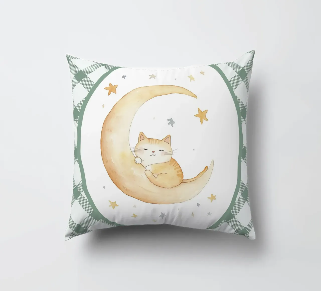 Chat dormant sur la lune jaune coussin de Jungle Joy Art