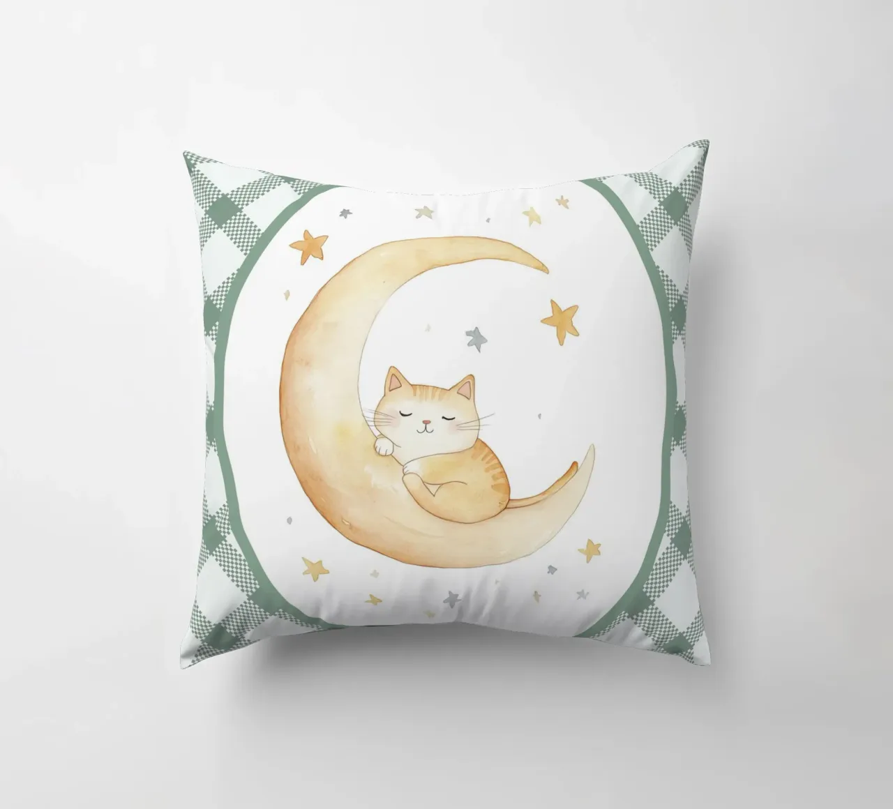 Chat dormant sur la lune jaune coussin de Jungle Joy Art