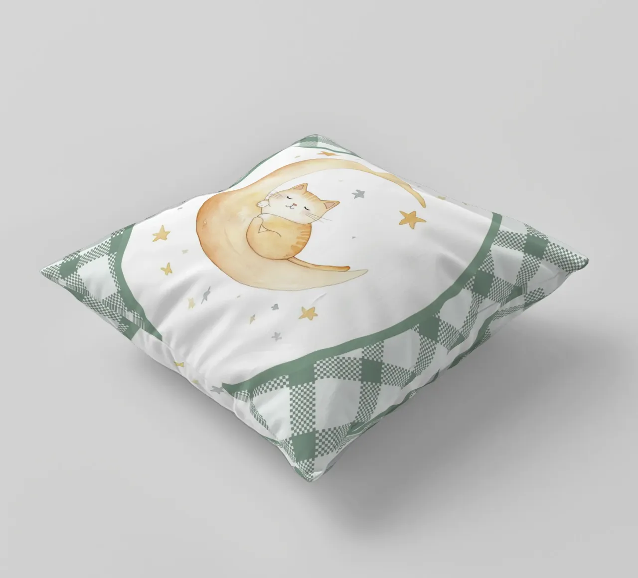 Chat dormant sur la lune jaune coussin de Jungle Joy Art