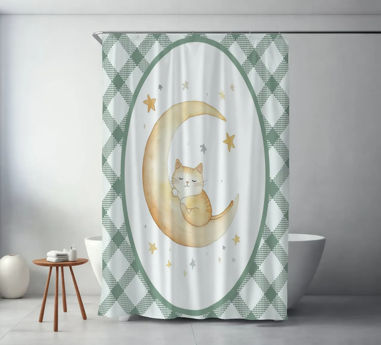 Chat dormant sur la lune jaune rideau de douche de Jungle Joy Art