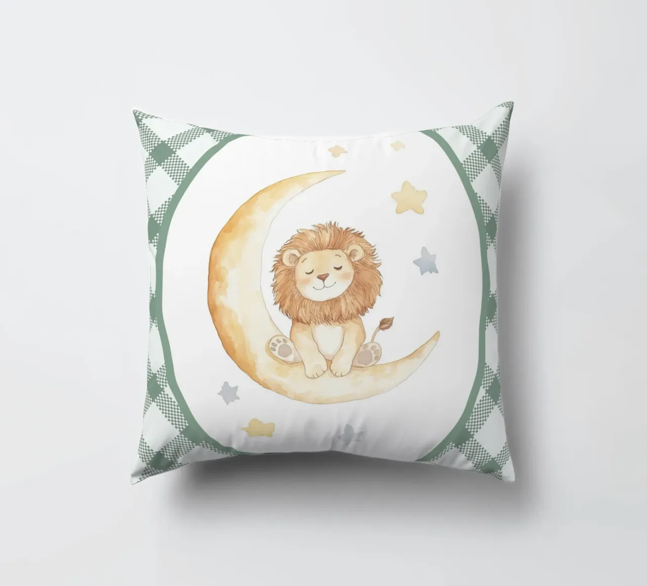 Leone che dorme sulla luna gialla cuscino da Jungle Joy Art