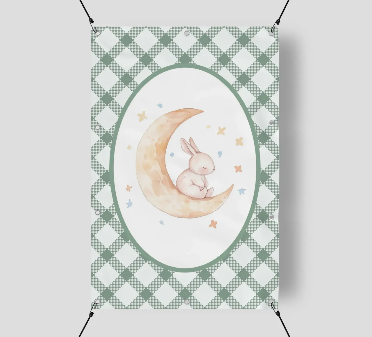 Lapin dormant sur la lune jaune bâche pvc de Jungle Joy Art