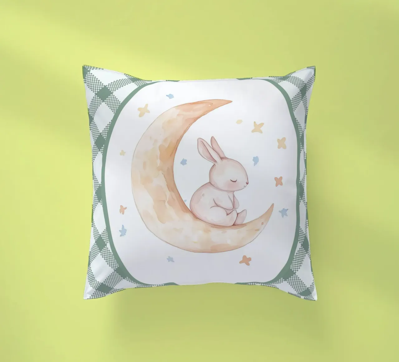 Lapin dormant sur la lune jaune coussin de Jungle Joy Art
