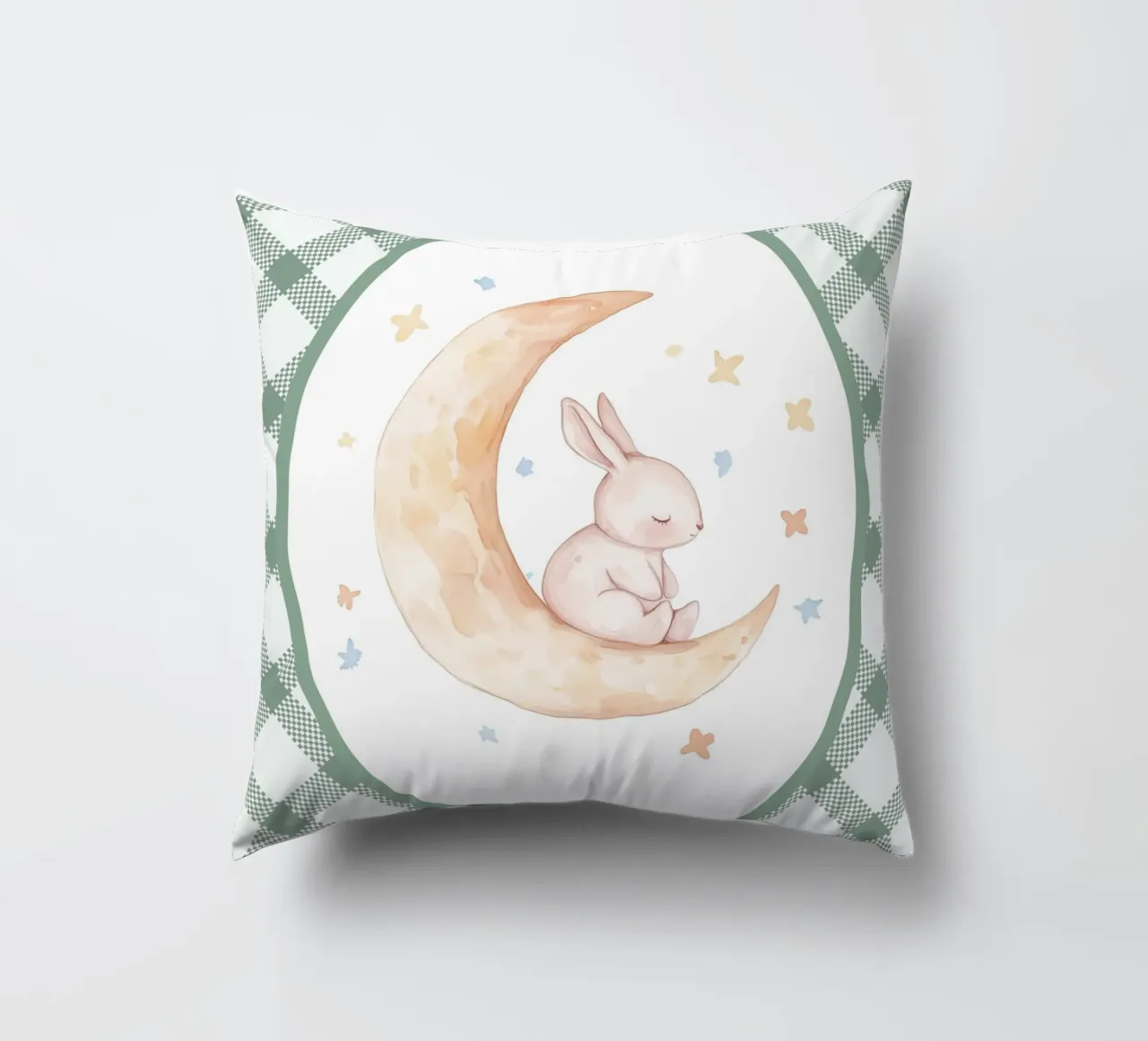 Lapin dormant sur la lune jaune coussin de Jungle Joy Art
