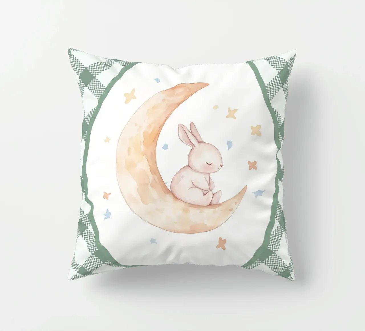 Lapin dormant sur la lune jaune coussin de Jungle Joy Art