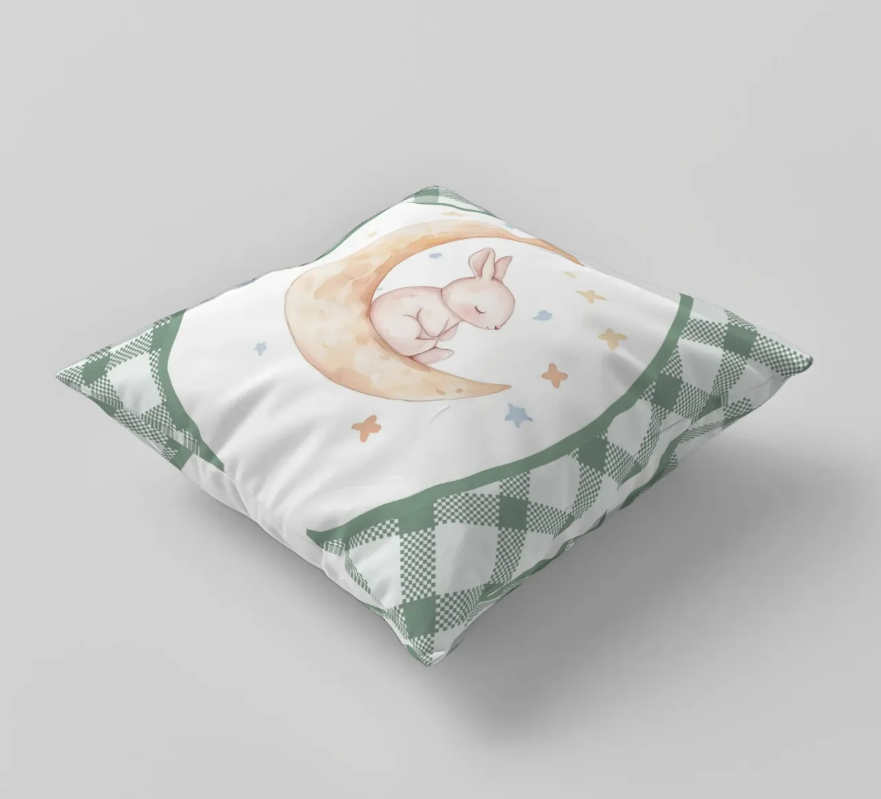 Lapin dormant sur la lune jaune coussin de Jungle Joy Art
