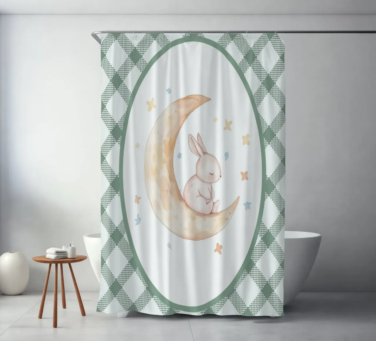 Lapin dormant sur la lune jaune rideau de douche de Jungle Joy Art