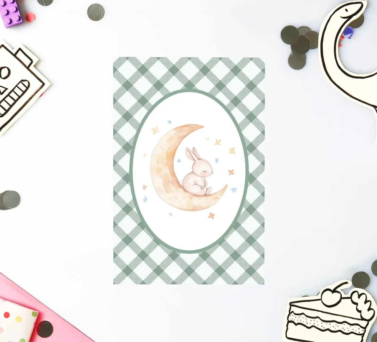 Lapin dormant sur la lune jaune autocollant de Jungle Joy Art