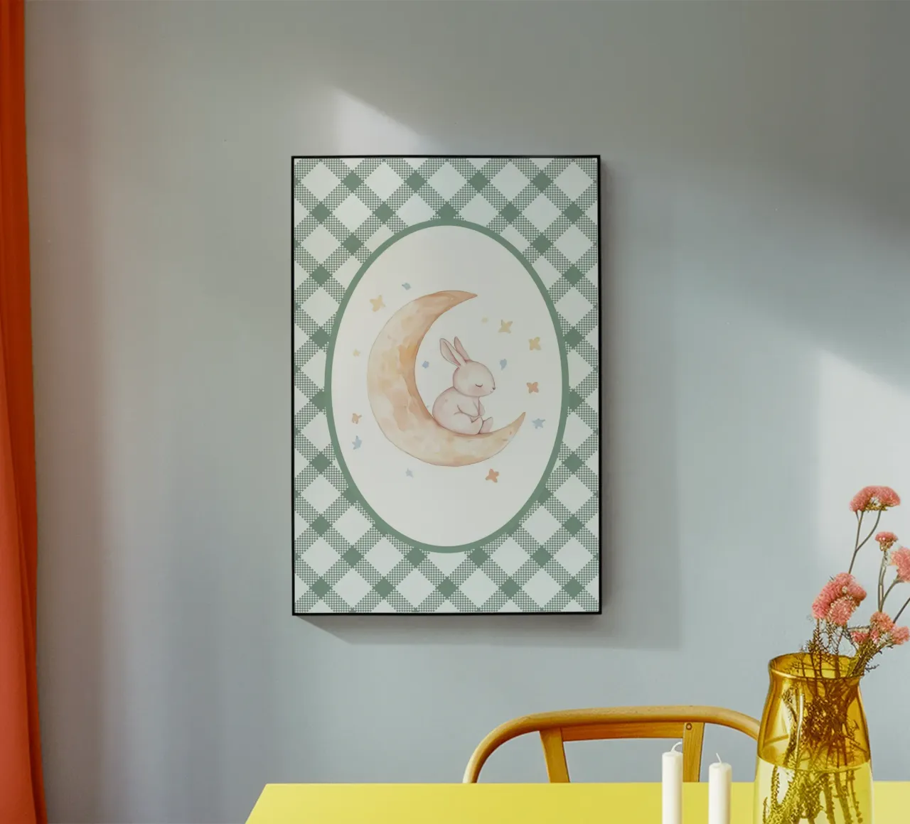 Lapin dormant sur la lune jaune plexiglas de Jungle Joy Art