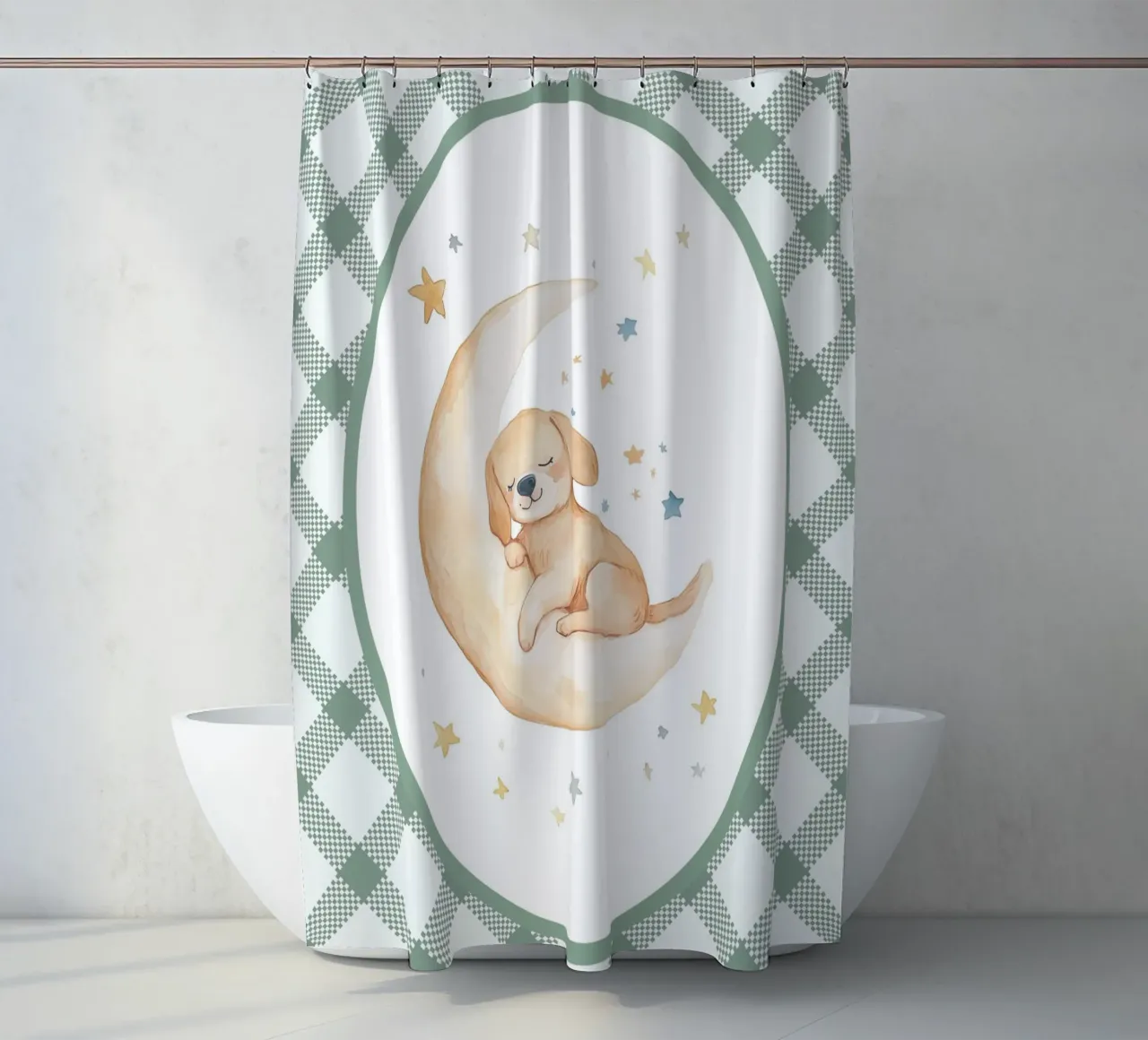 Chiot dormant sur la lune jaune rideau de douche de Jungle Joy Art