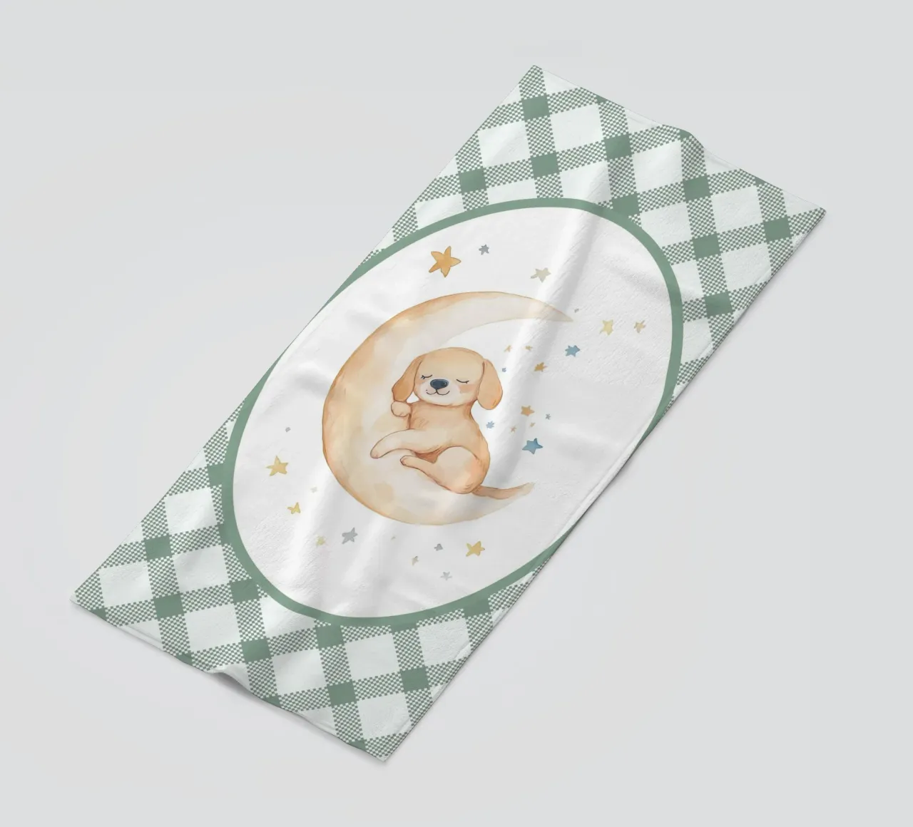 Chiot dormant sur la lune jaune serviette de plage de Jungle Joy Art