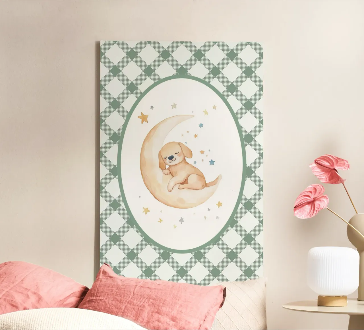 Cucciolo che dorme sulla luna gialla tela con Cornice a cassetta da Jungle Joy Art