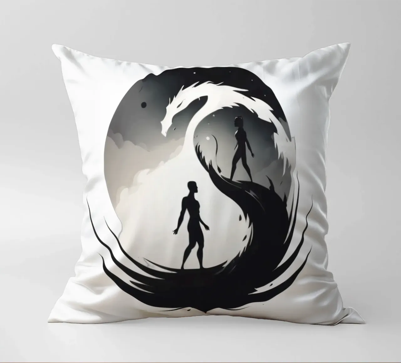 a symbolic journey between two figures and a dragon cuscino da DesignDoodle