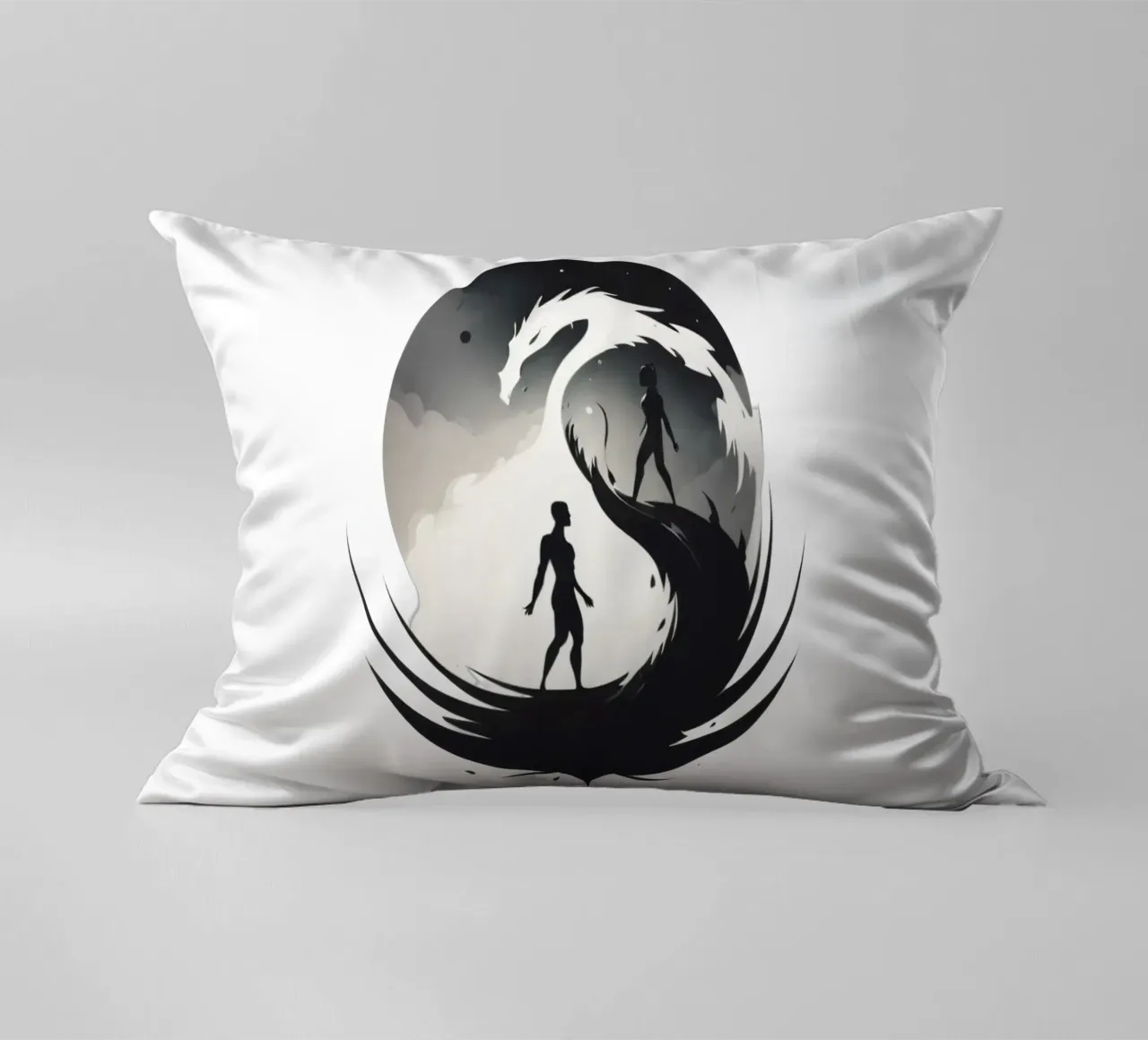 a symbolic journey between two figures and a dragon cuscino da DesignDoodle