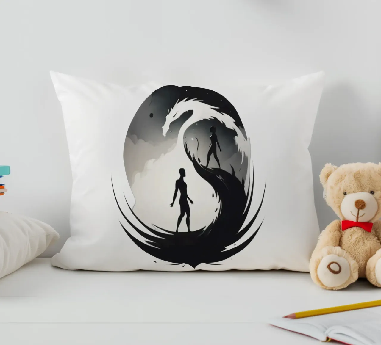 a symbolic journey between two figures and a dragon cuscino da DesignDoodle