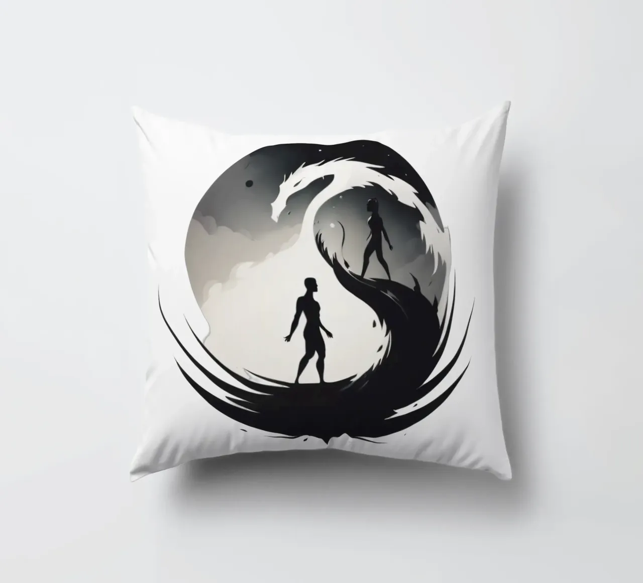 a symbolic journey between two figures and a dragon cuscino da DesignDoodle